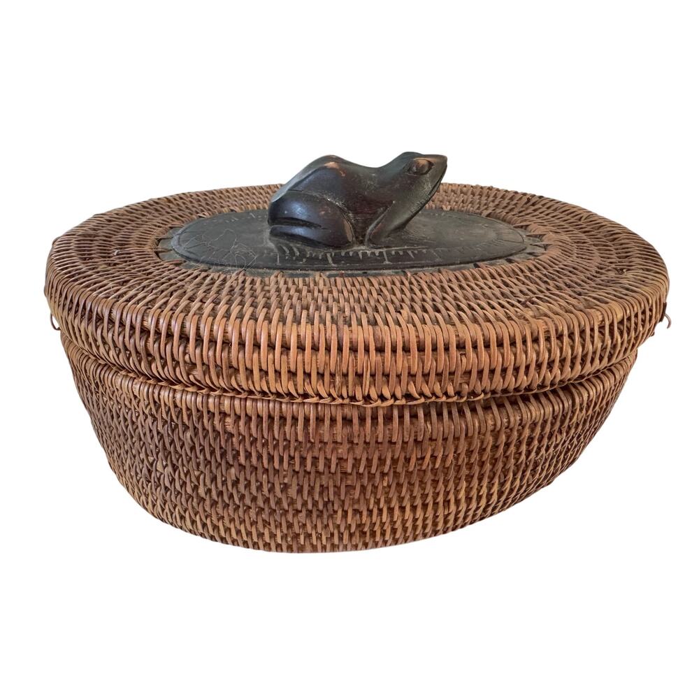 Indonesian Lombok woven reed grass basket trinket box with carved frog lid.
